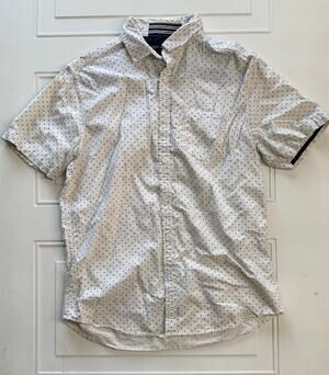 Free Planet Mens Sz L Cotton White Blue Polka Dot Short Sleeve Button Up Shirt